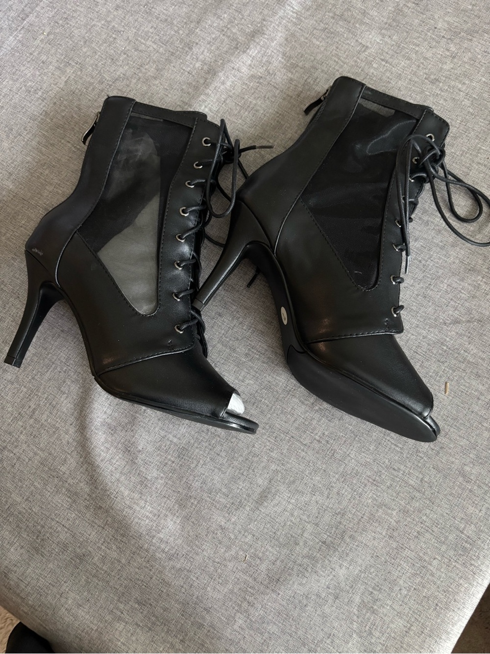 Black Lace-Up Peep-Toe Stiletto Booties 
Size 7